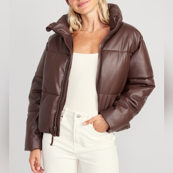 Old Navy Jackets & Blazers - Old Navy NWOT brown Puffer Faux Leather Oversized Winter Coat 2023